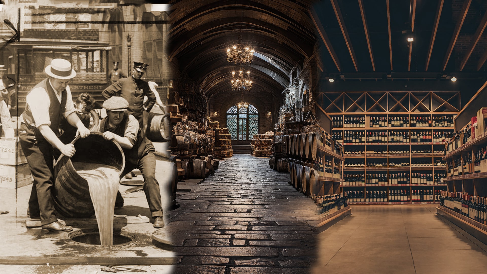 A collage of three different images spanning from prohibition to present day